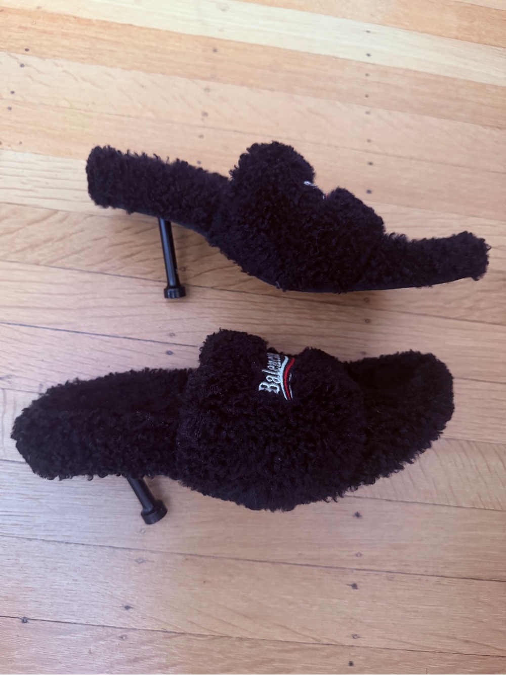 Balenciaga Black Furry Logo Mule Heels with Red & White Accents - Picture 2 of 4